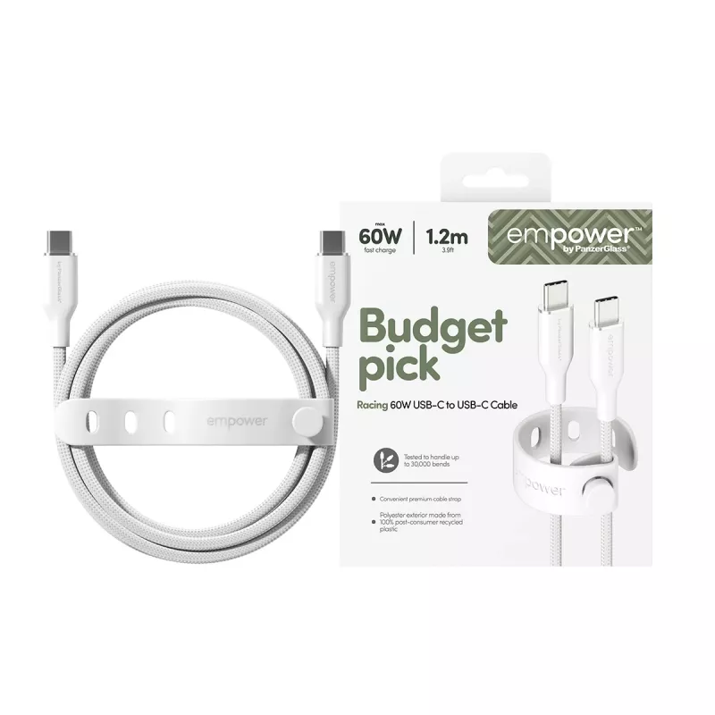 PanzerGlass empower™ by ® Racing 60W USB-C-naar-USB-C-kabel | USB 2.0 | 1,2 m | Zilverwit