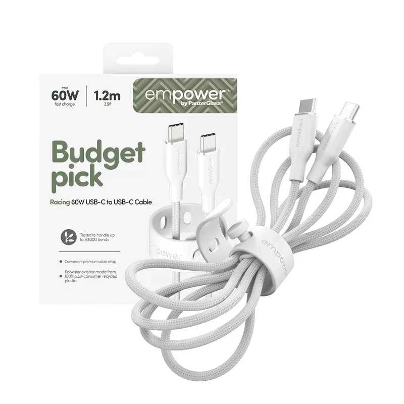 PanzerGlass empower™ by ® Racing 60W USB-C-naar-USB-C-kabel | USB 2.0 | 1,2 m | Zilverwit