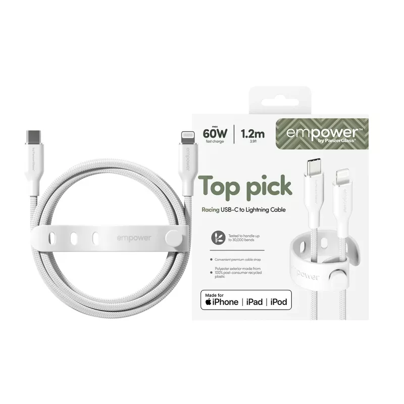 PanzerGlass empower™ by ® Racing 60W USB-C naar Lightning kabel | USB 2.0 | 1,2 m | Zilverwit