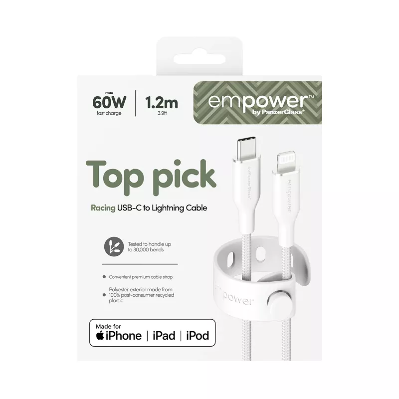 PanzerGlass empower™ by ® Racing 60W USB-C naar Lightning kabel | USB 2.0 | 1,2 m | Zilverwit