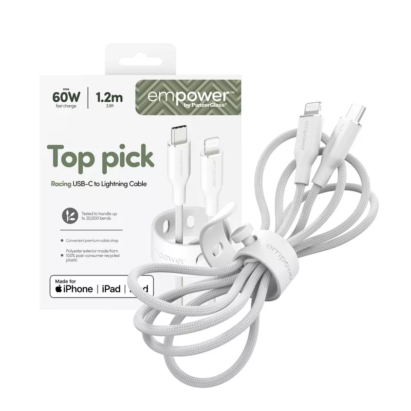 PanzerGlass empower™ by ® Racing 60W USB-C naar Lightning kabel | USB 2.0 | 1,2 m | Zilverwit
