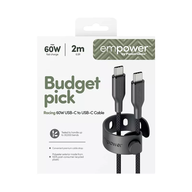 PanzerGlass empower™ by ® Racing 60W USB-C naar USB-C kabel | USB 2.0 | 2M | Space Black