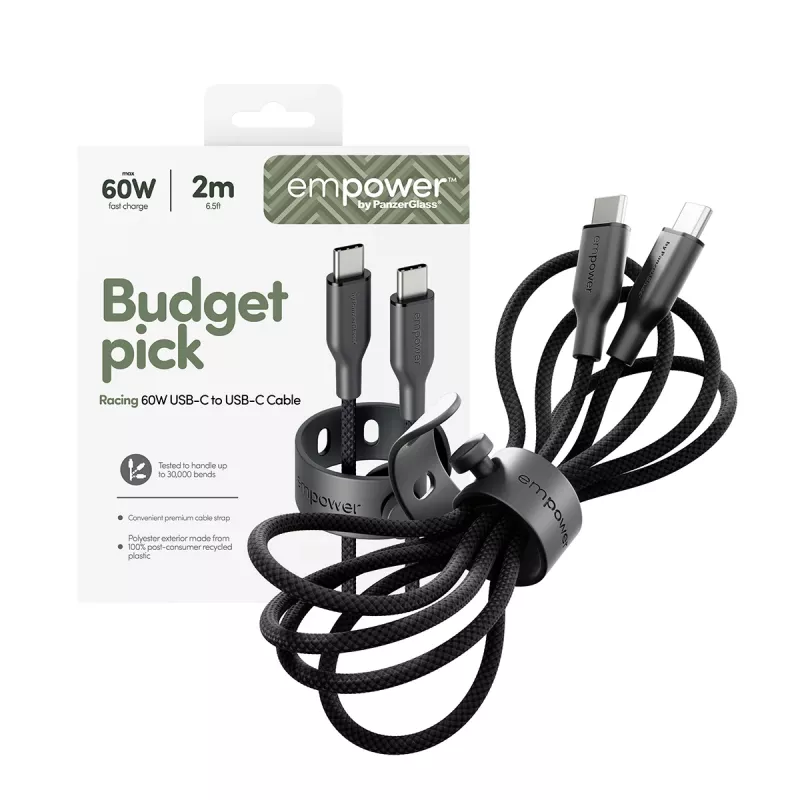 PanzerGlass empower™ by ® Racing 60W USB-C naar USB-C kabel | USB 2.0 | 2M | Space Black
