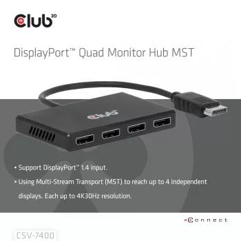 CLUB3D Quad DisplayPort™-hub – 4 x 4K-resolutie @ 30Hz, MST-ondersteuning
