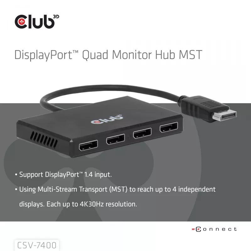 CLUB3D Quad DisplayPort™-hub – 4 x 4K-resolutie @ 30Hz, MST-ondersteuning