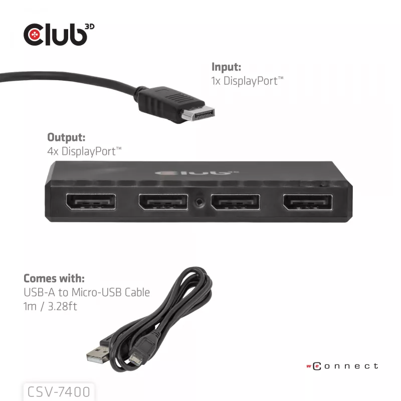 CLUB3D Quad DisplayPort™-hub – 4 x 4K-resolutie @ 30Hz, MST-ondersteuning