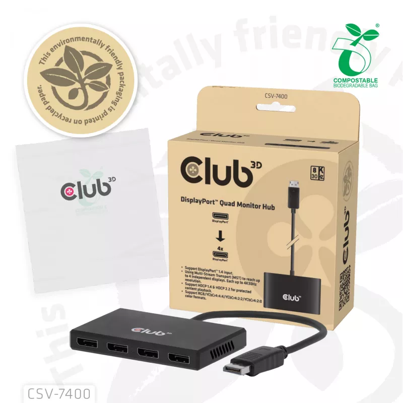 CLUB3D Quad DisplayPort™-hub – 4 x 4K-resolutie @ 30Hz, MST-ondersteuning