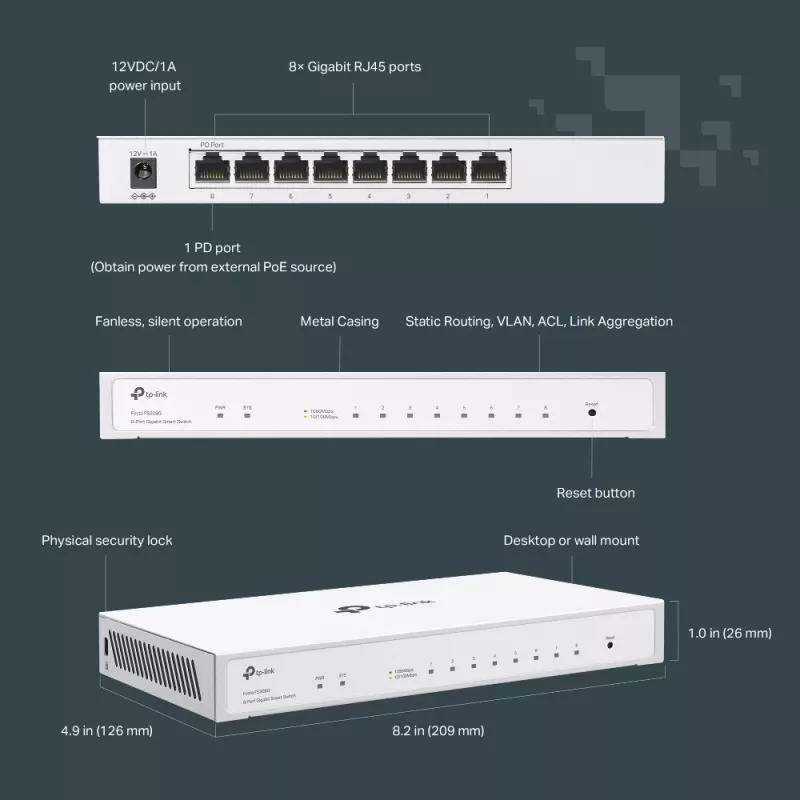 TP-Link Festa FS308G 8-poorts Gigabit managed L2/L2+-switch, wit