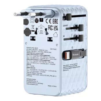 Verbatim Charge 'n' Travel 70W 2C uitschuifbare universele reisadapter blauw