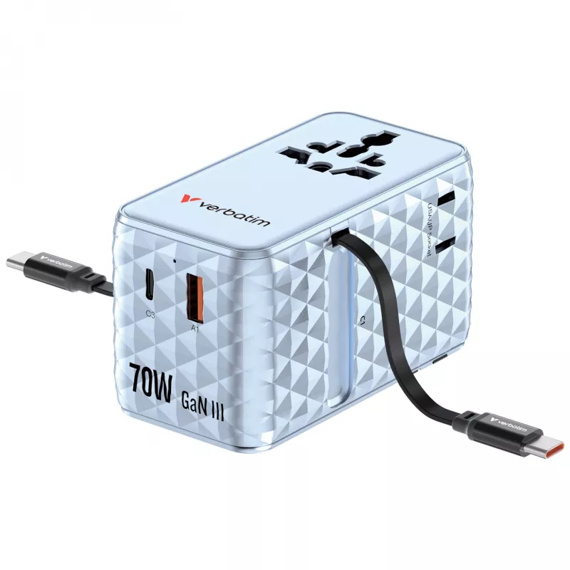 Verbatim Charge 'n' Travel 70W 2C uitschuifbare universele reisadapter blauw
