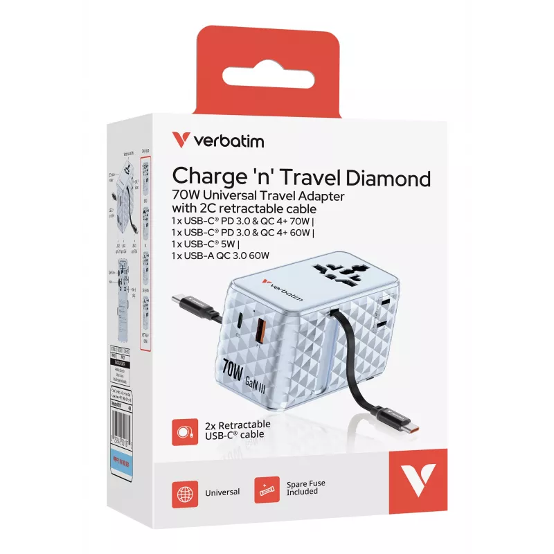 Verbatim Charge 'n' Travel 70W 2C uitschuifbare universele reisadapter blauw