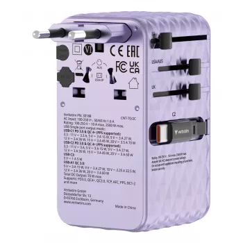Verbatim Charge 'n' Travel 70W 2C uitschuifbare universele reisadapter paars