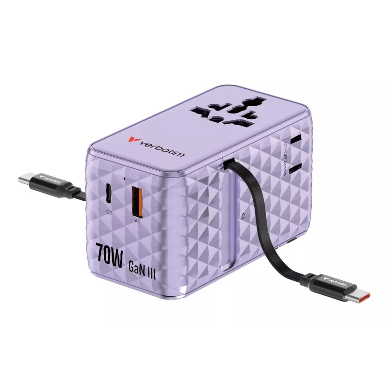 Verbatim Charge 'n' Travel 70W 2C uitschuifbare universele reisadapter paars
