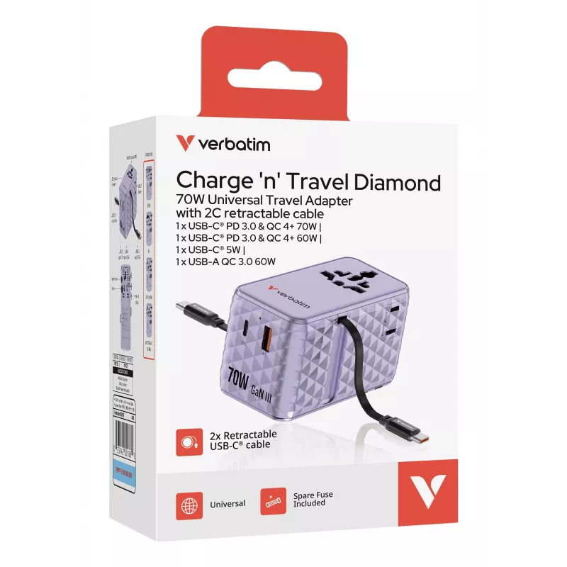 Verbatim Charge 'n' Travel 70W 2C uitschuifbare universele reisadapter paars
