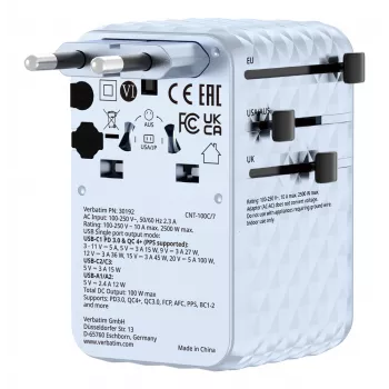 Verbatim Charge 'n' Travel 100W universele reisadapter met uitschuifbare kabel blauw