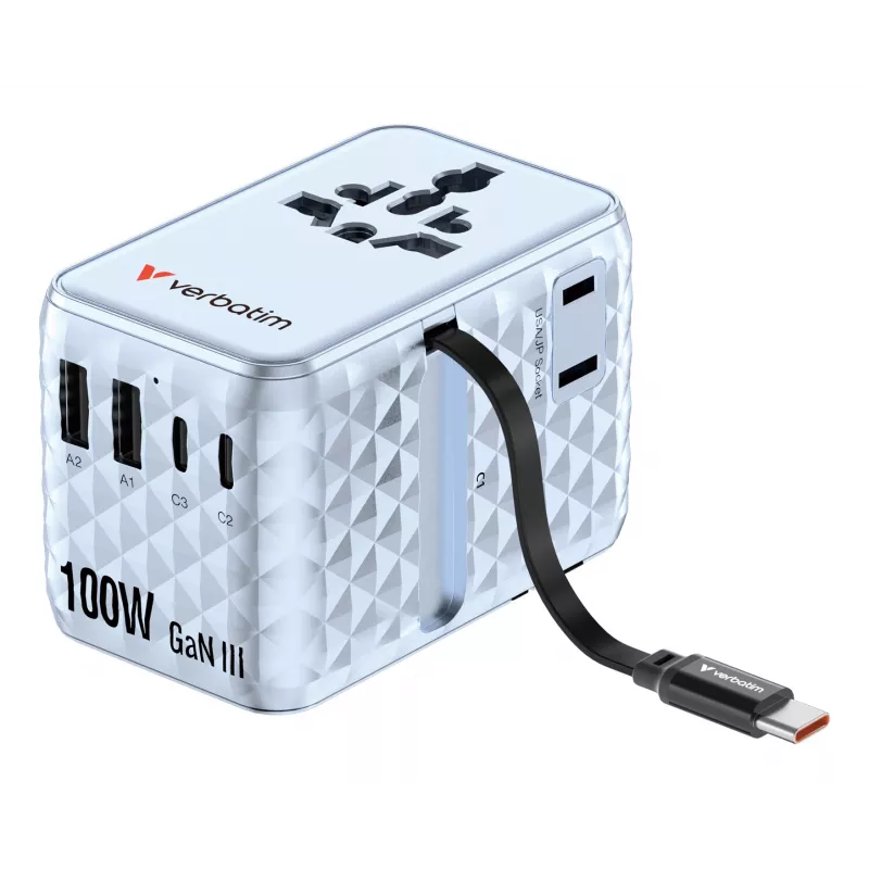 Verbatim Charge 'n' Travel 100W universele reisadapter met uitschuifbare kabel blauw