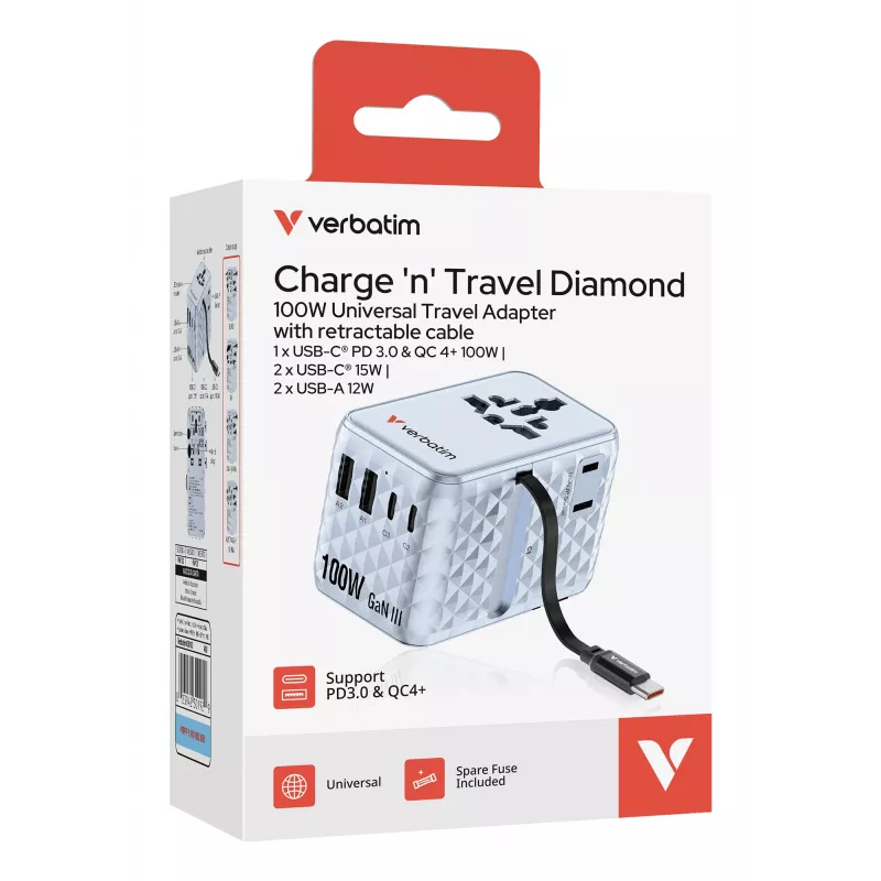 Verbatim Charge 'n' Travel 100W universele reisadapter met uitschuifbare kabel blauw