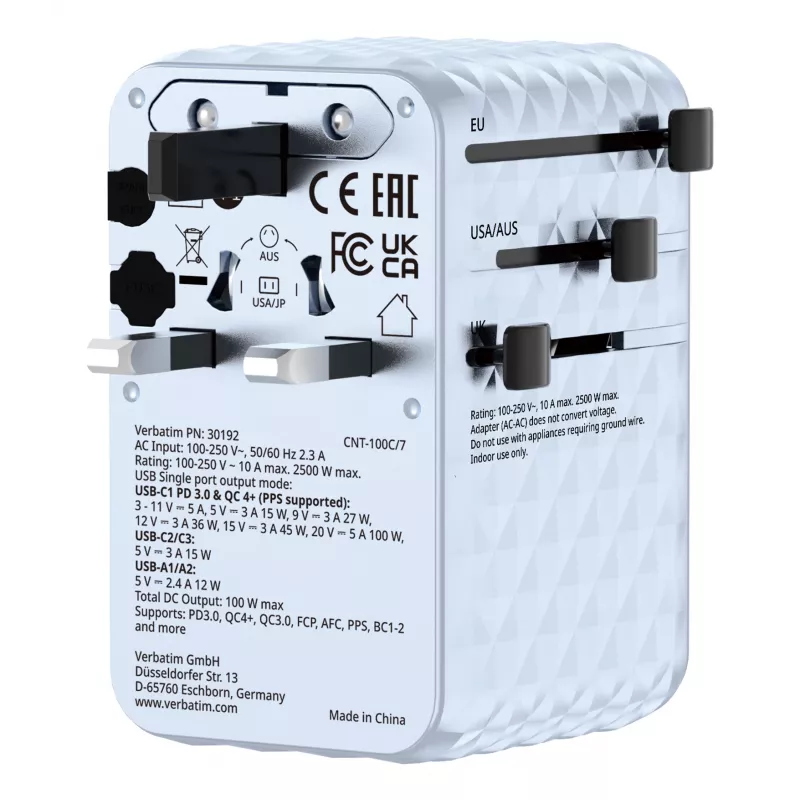 Verbatim Charge 'n' Travel 100W universele reisadapter met uitschuifbare kabel blauw
