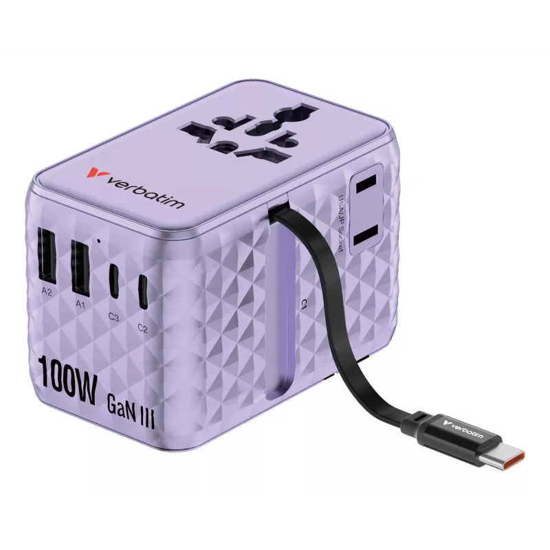 Verbatim Charge 'n' Travel 100W universele reisadapter met uitschuifbare kabel paars