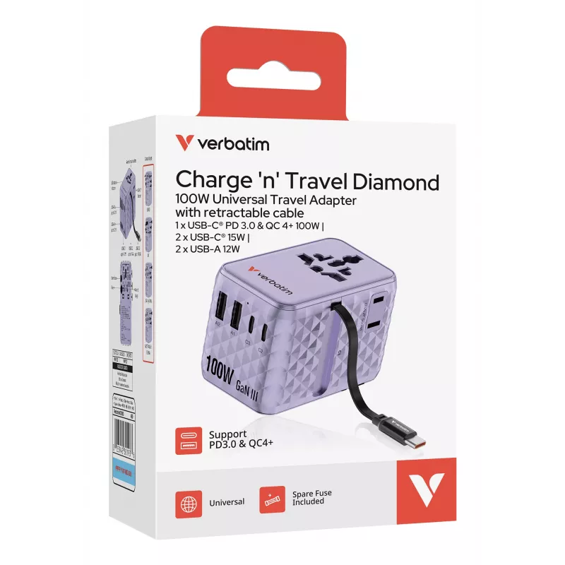 Verbatim Charge 'n' Travel 100W universele reisadapter met uitschuifbare kabel paars