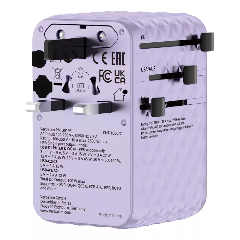 Verbatim Charge 'n' Travel 100W universele reisadapter met uitschuifbare kabel paars