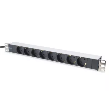 DIGITUS 1U aluminium PDU, montage in rack nominaal vermogen: 16A, 4000W, 250VAC 50/60Hz, 8x veiligheidsstopcontacten