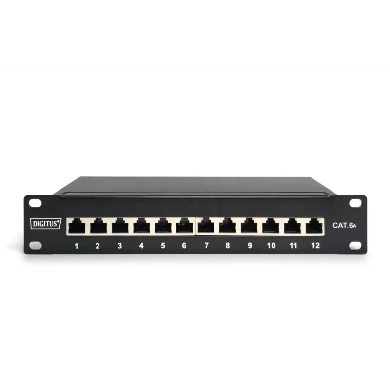 DIGITUS DN-91612S 10 inch 12-poorts Cat6 Class E afgeschermd patchpaneel, 1U, zwart RAL 9005