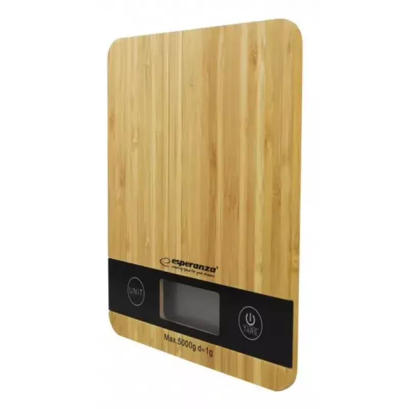 Elektronische keukenweegschaal ESPERANZA EKS005 — 5 kg capaciteit, 1 g nauwkeurigheid, bamboe platform