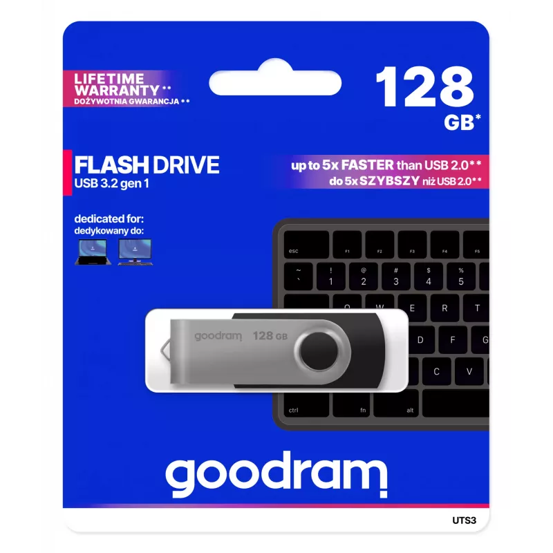 USB-stick GOODRAM UTS3 128 GB USB Type-A 3.2 Gen 1, zwart, 60 MB/s lezen, 20 MB/s schrijven