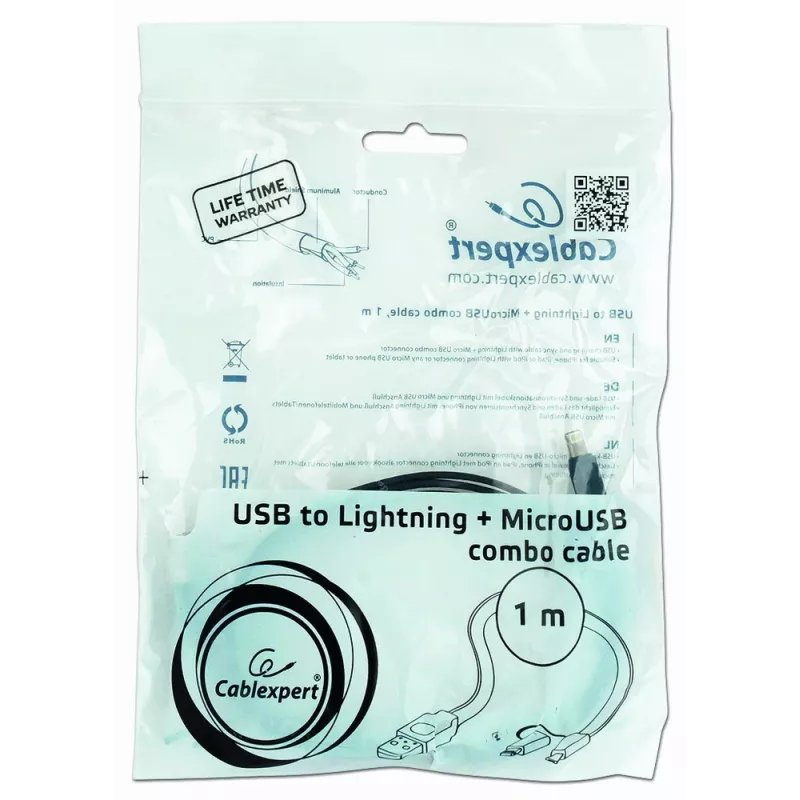 GEMBIRD USB-naar-Apple-Lightning- en micro-USB-oplaadcombinatiekabel 1m - zwart