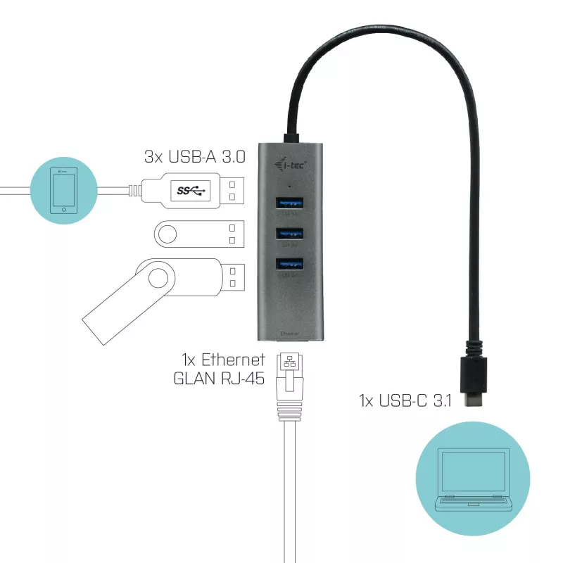 i-tec Metal USB-C HUB 3 poort + Gigabit Ethernet-adapter