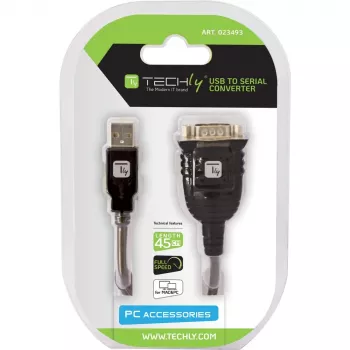 USB-naar-serieel-adapter Techly IDATA USB-SER-2T, USB-A stekker naar DB-9 stekker, 0,45 m, transparant wit