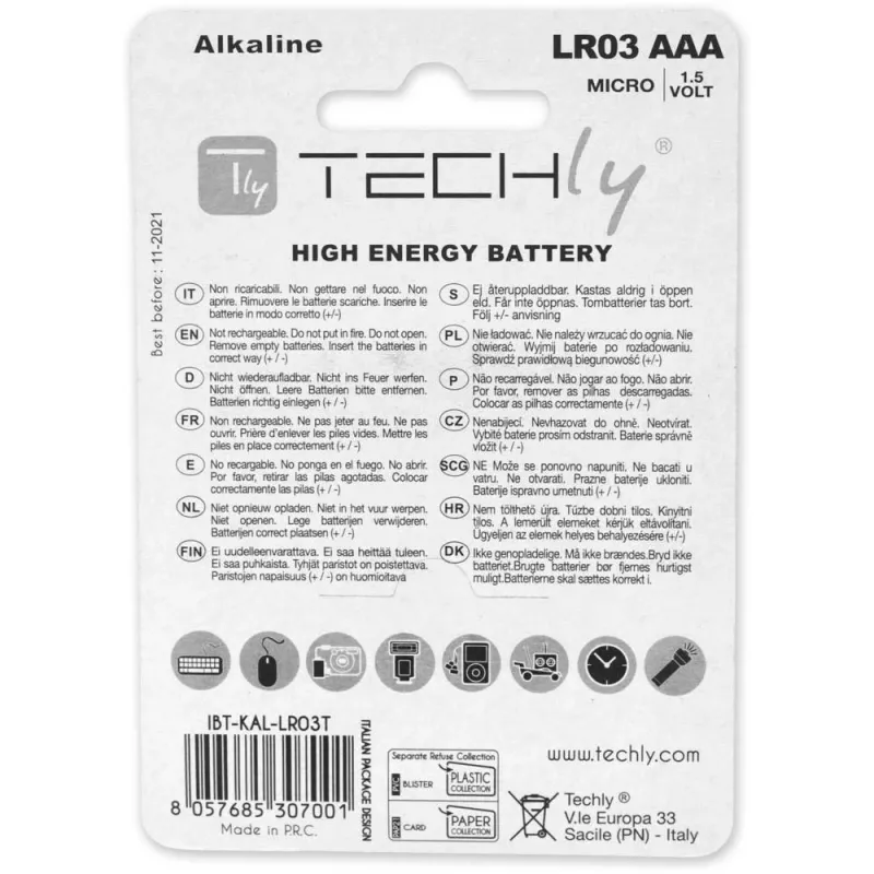 Techly blister 4 batterijen High Power Mini Stilo AAA alkaline LR03 1,5V IBT-KAL-LR03T