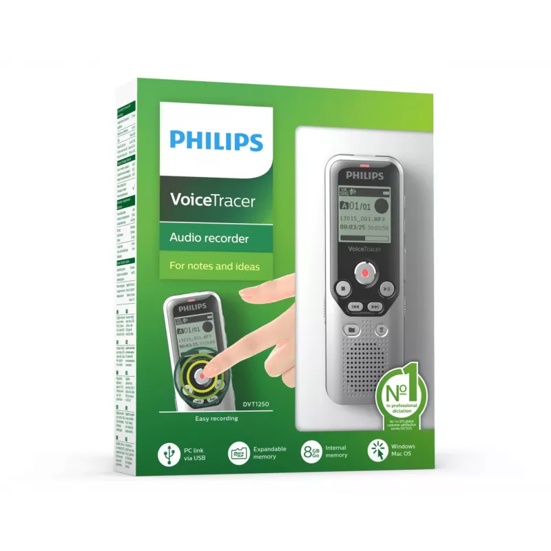 Philips DVT1250 dictafoon intern geheugen & flashkaart zwart, grijs