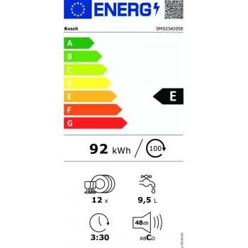 Vrijstaande vaatwasser Bosch SMS25AI05E — volledig integreerbaar 60 cm, 12 couverts, 48 dB, energieklasse E