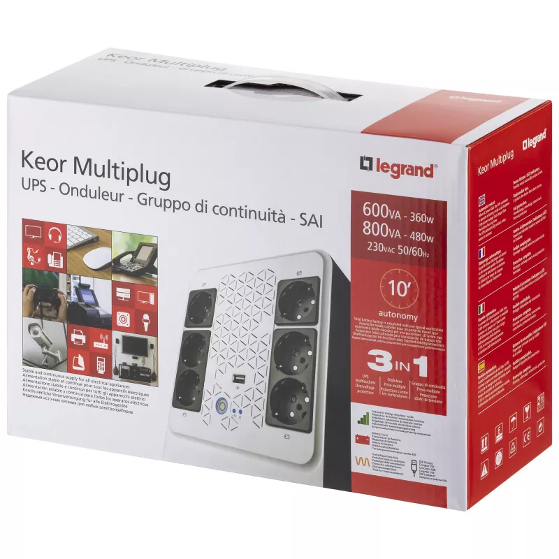 Legrand Keor Multiplug 800 AVR 310084 line-interactieve UPS, 800 VA / 480 W, 6 FR-stopcontacten (4+2), USB, RJ-45