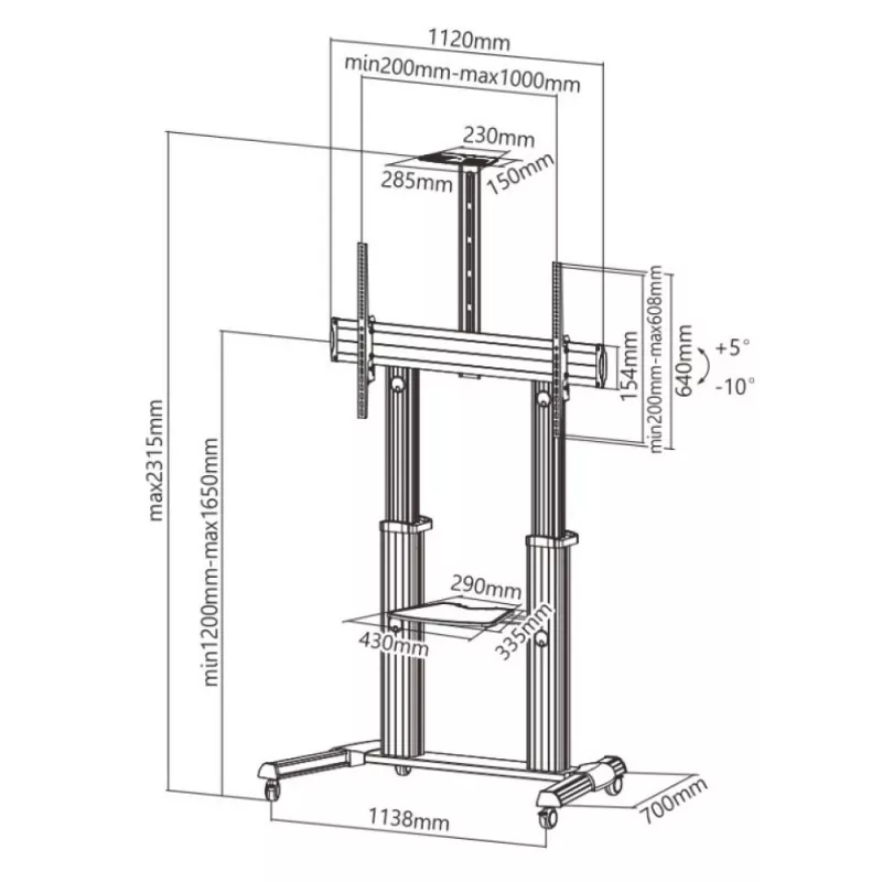 Techly ICA-TR24 mobiele tv-standaard, 60-100 inch, 100 kg, met planken