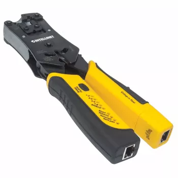Intellinet universele modulaire plug-krimptang en kabeltester, 2-in-1 krimptang en kabeltester: knipt, stript, termineert en test, RJ45/RJ11/RJ12/RJ22