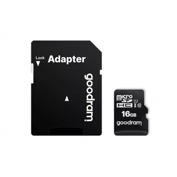 MicroSDHC-geheugenkaart GOODRAM 16 GB Class 10 UHS-I (U1), lezen 100 MB/s, schrijven 10 MB/s, magneetbeschermd, met SD-adapter