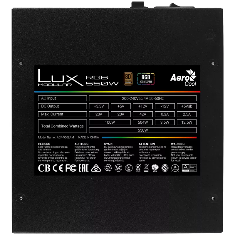 Aerocool LUXRGB550M RGB modulaire pc-voeding 550W 80Plus Bronze 230V zwart