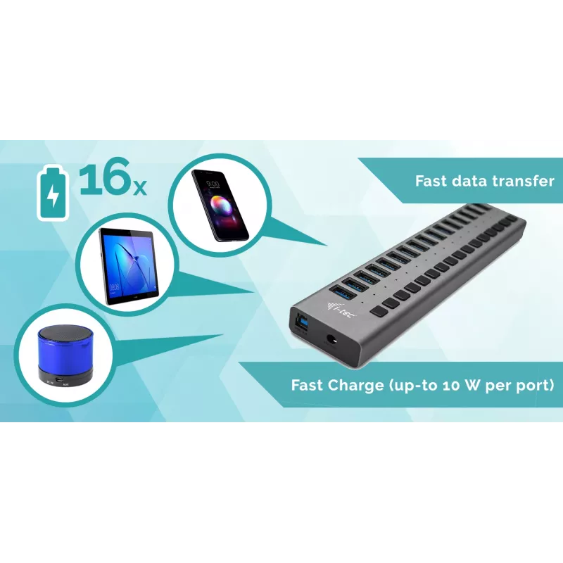i-tec USB 3.0 laad-hub 16 poort + voeding 90 W