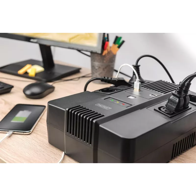 DIGITUS alles-in-één UPS 600VA/360W LED 12V 7AH 4XCEE 7/7 3XIEC C13 USB RJ45