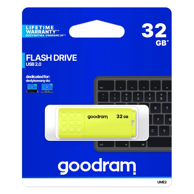 USB-stick GOODRAM UME2 32 GB USB Type-A 2.0, lezen 20 MB/s, schrijven 5 MB/s, geel