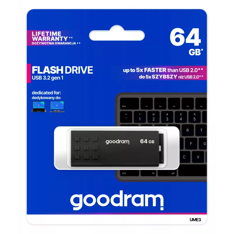 USB-stick GOODRAM UME3 64 GB USB Type-A 3.2 Gen 1, lezen 60 MB/s, schrijven 20 MB/s, zwart