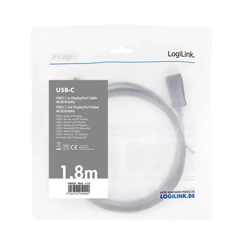 Videokabel-adapter LogiLink UA0335 1,8 m USB Type-C DisplayPort zwart