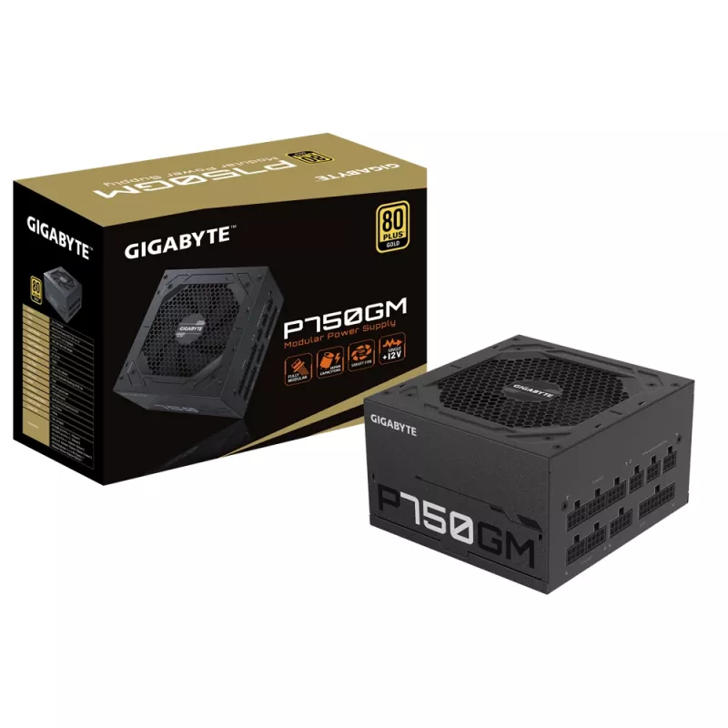 Gigabyte P750GM voeding 750 watt efficiëntie 80 PLUS GOLD, PFC actief, MTBF 100000 uur