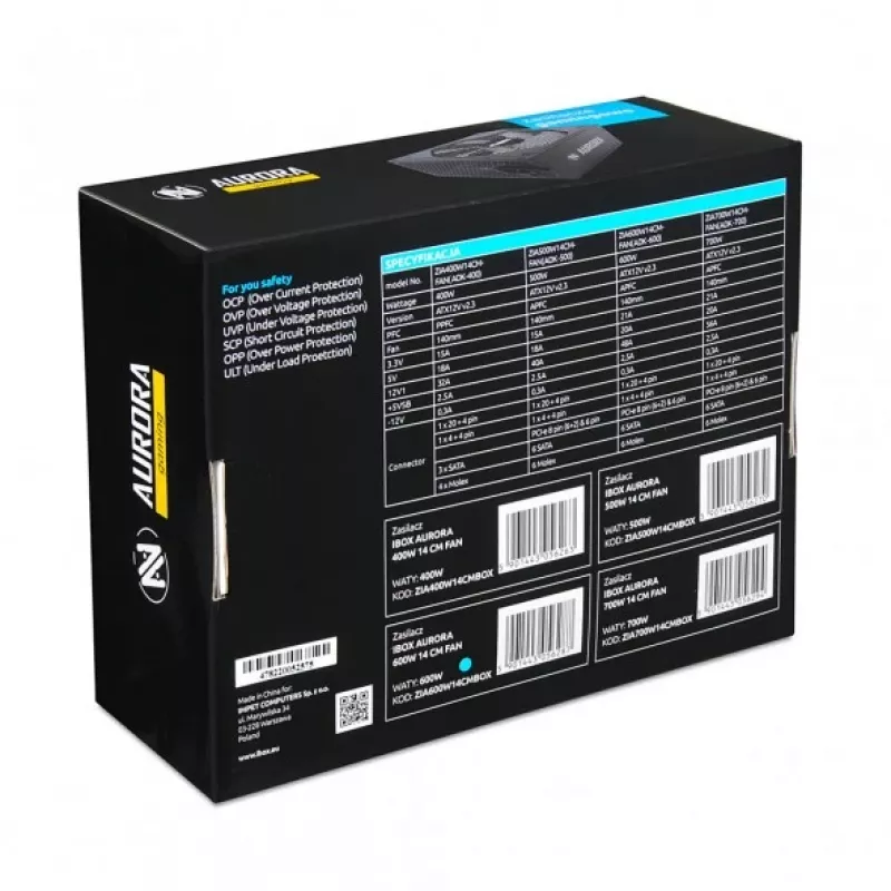Voeding IBOX iBox Aurora 500 W 20+4 pin ATX, 140mm-ventilator, wit
