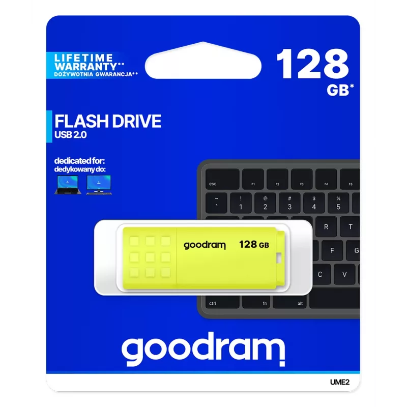 Goodram UME2 UME2-1280Y0R11 USB-stick 128 GB, USB 2.0 Type-A, 20 MB/s, met dop, geel