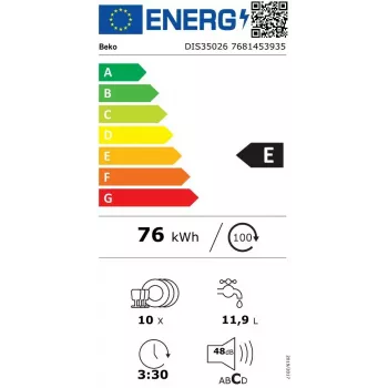 Inbouwvaatwasser BEKO DIS35026 — smal 45 cm, 10 couverts, 48 dB, 5 programma's, energieklasse E
