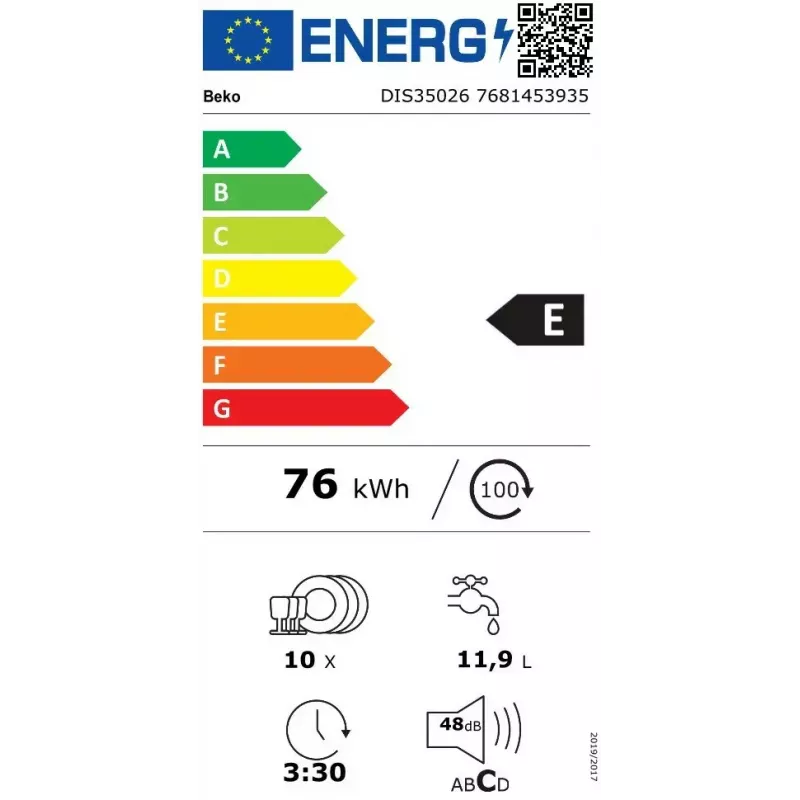 Inbouwvaatwasser BEKO DIS35026 — smal 45 cm, 10 couverts, 48 dB, 5 programma's, energieklasse E